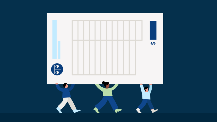 Three small figures carrying a very large invoice