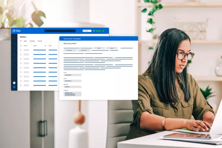 A photo of a lawyer using Clio Manage instead of Excel for lawyers. A Screenshot of Clio Manage is over top of the photo to show what the lawyer is working on.