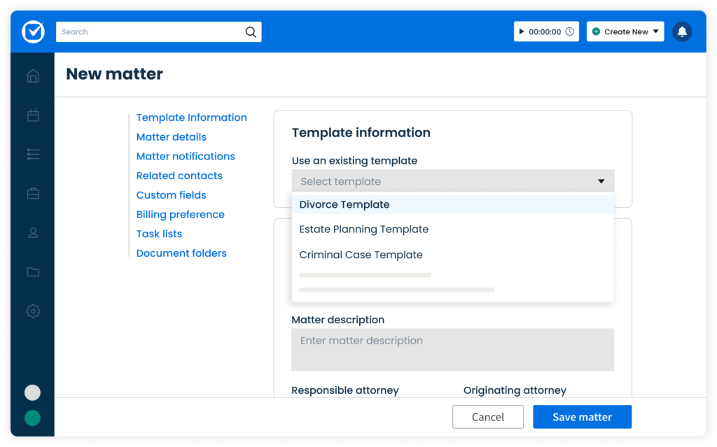 Clio Matter Templates - Best Cloud-Based Legal Practice Management Software for lawyers Interface Screenshot