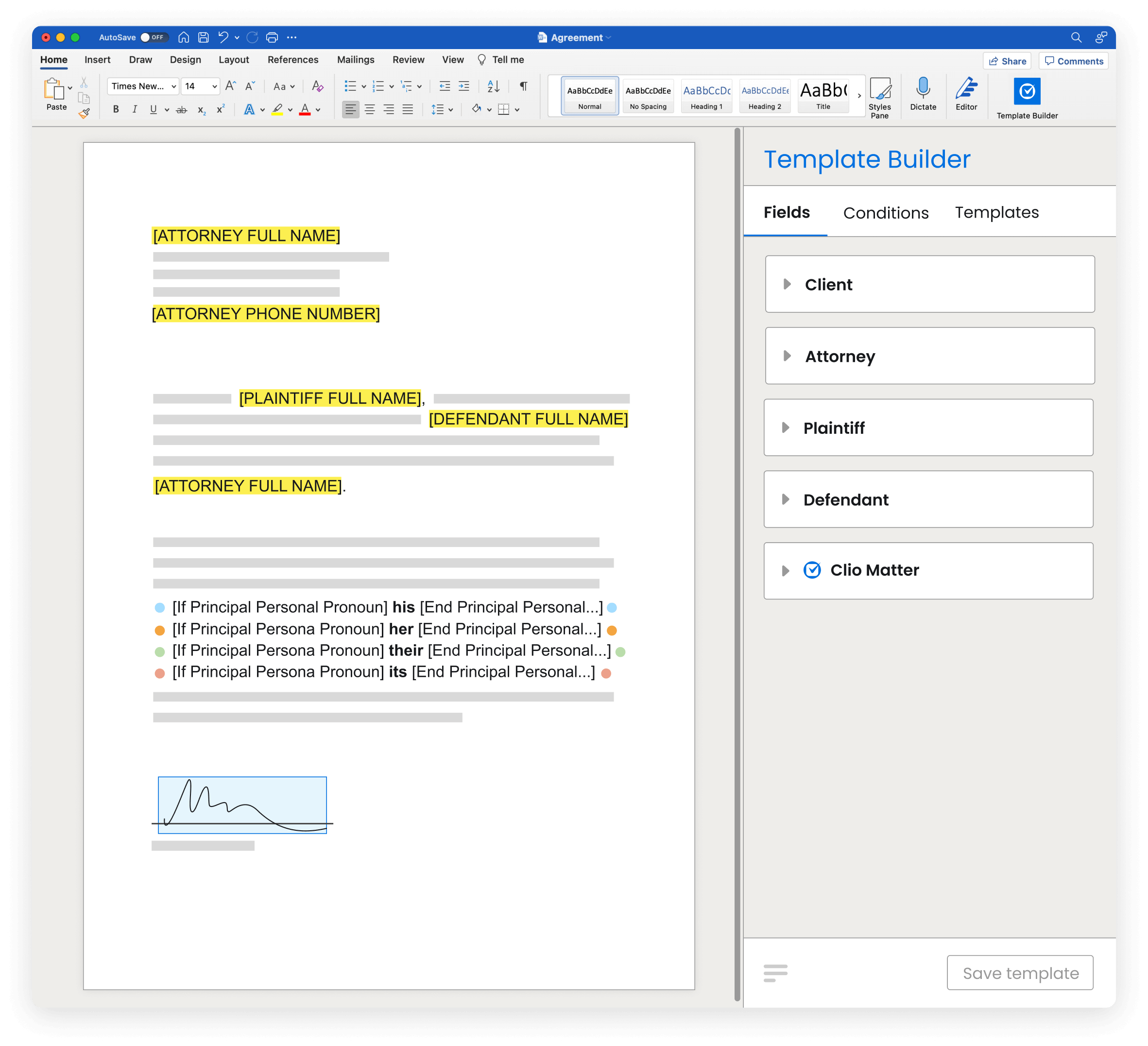 Screen grab of Clio Draft's Template Builder.