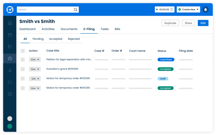 Simplified Product UI Clio Manage Clio File E Filing Status Simplified UI