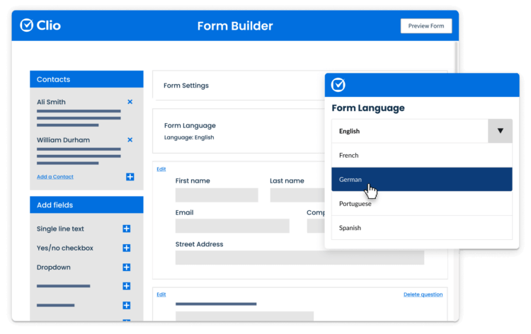 Simplified Product UI Clio Grow Client Intake Form Builder - Multi-language