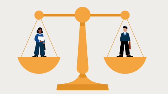 Image of two legal professionals on scales of justice