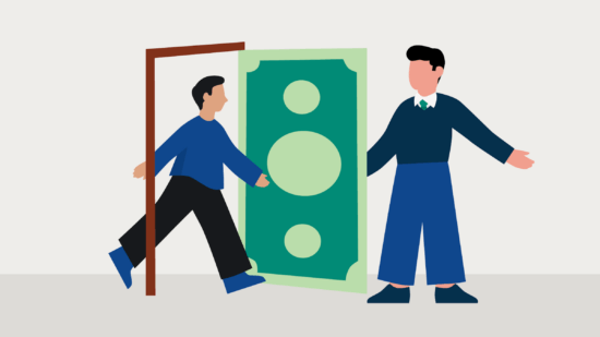 Image of a two lawyers walking through a money door.